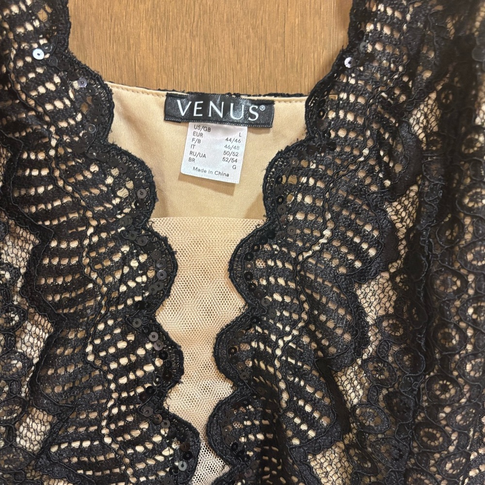 NWOT VENUS Black Lace Sequin Nude Sexy Plunge Cami Top Large - Picture 3 of 6